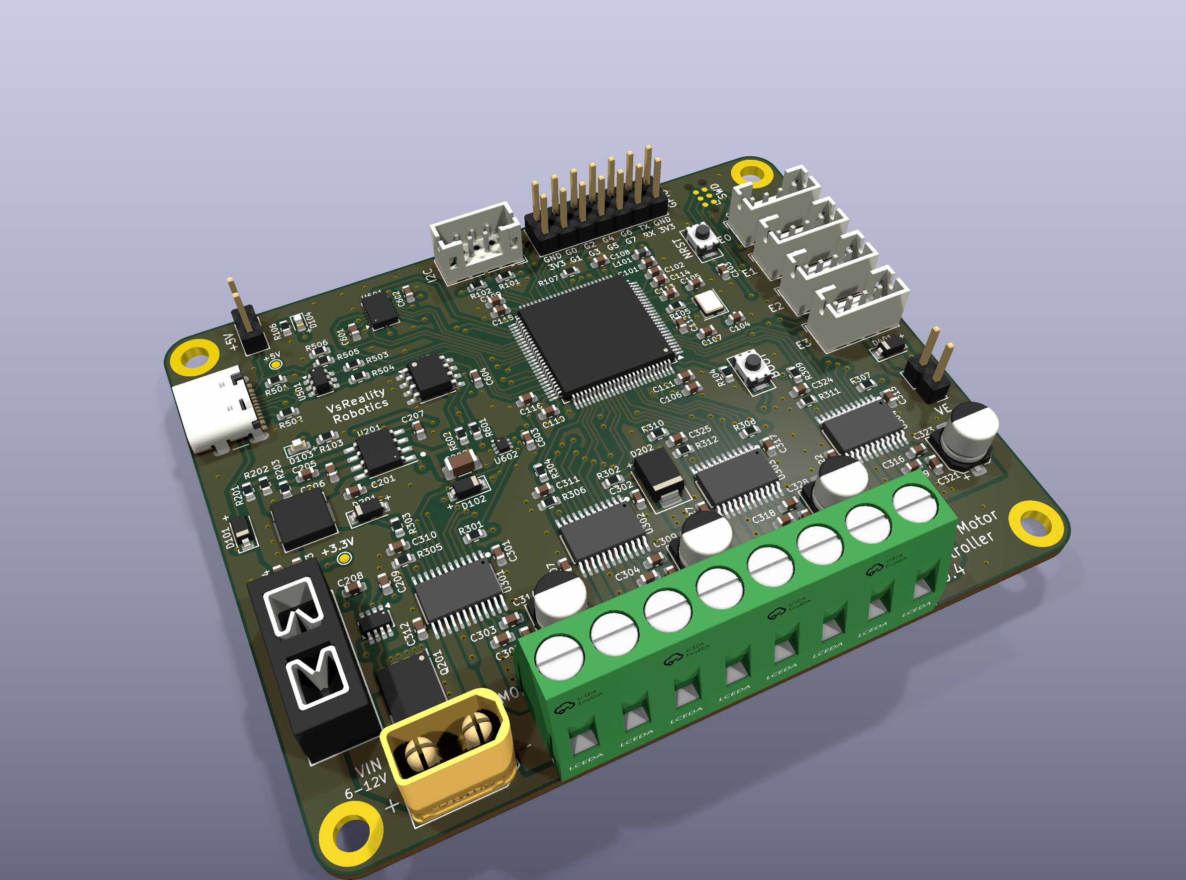 KiCad 3D render of the Kinisi controller v0.4 board