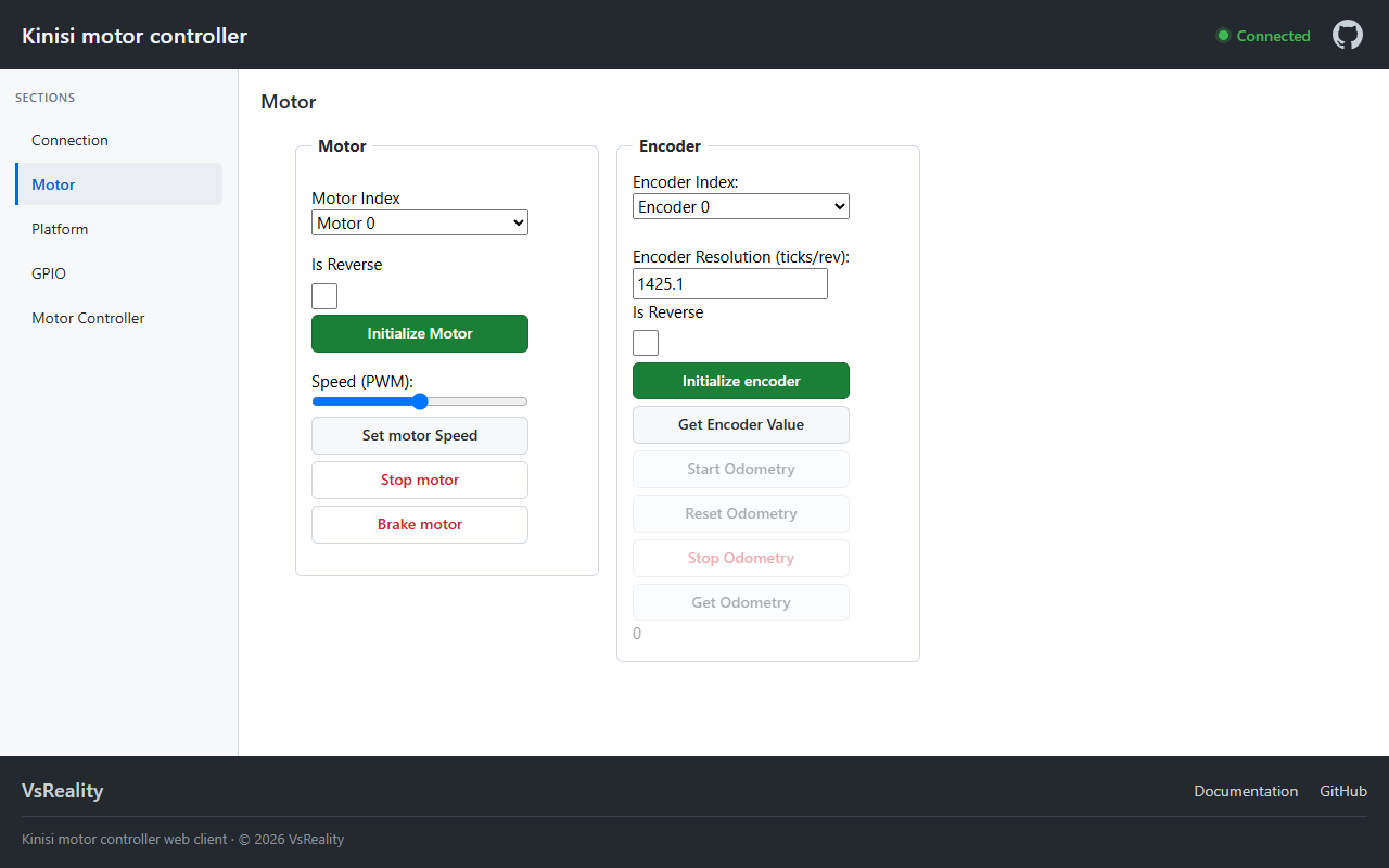 The Kinisi web client with the Motor section open, showing motor and encoder controls
